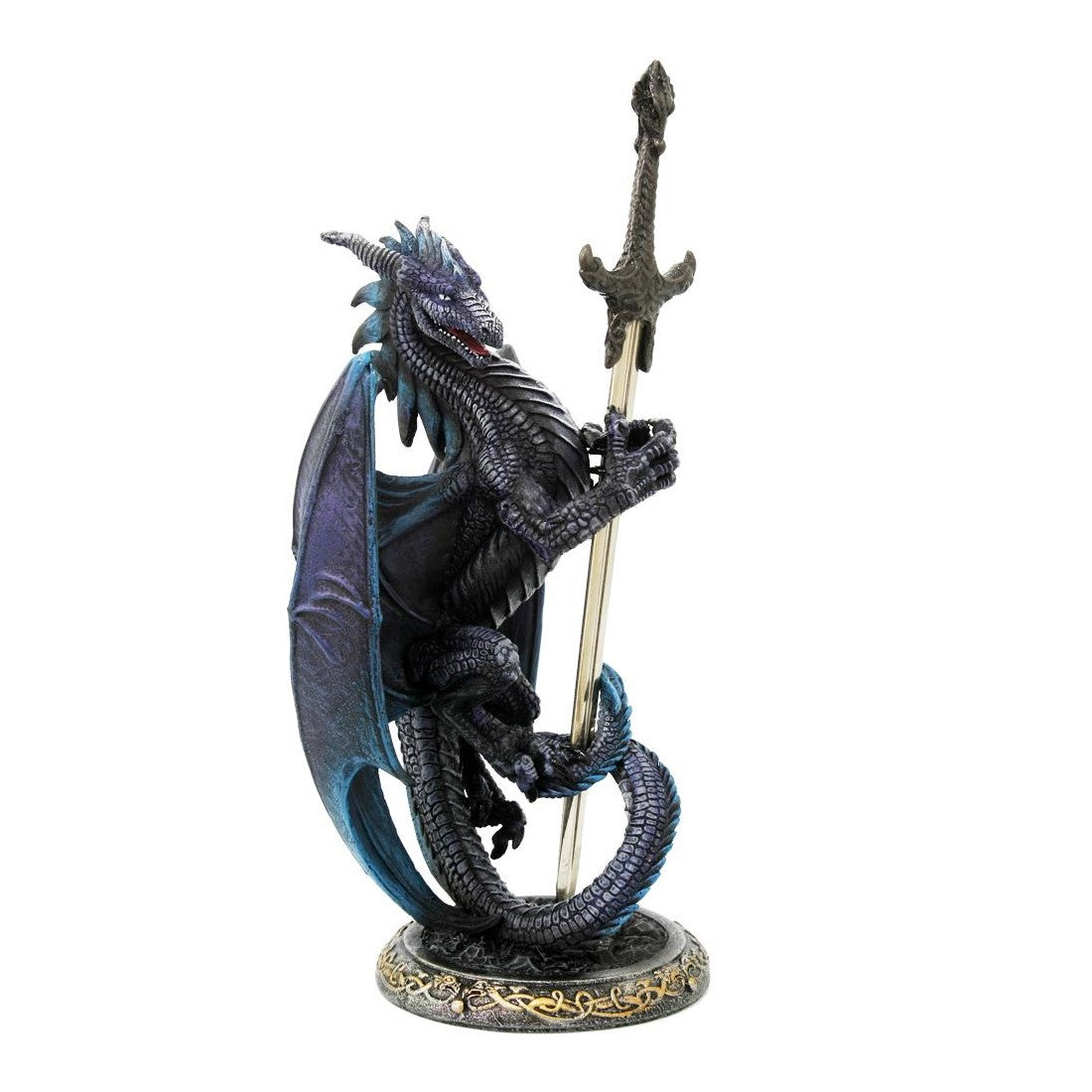 Dragon statue holding a sword on ornate base.