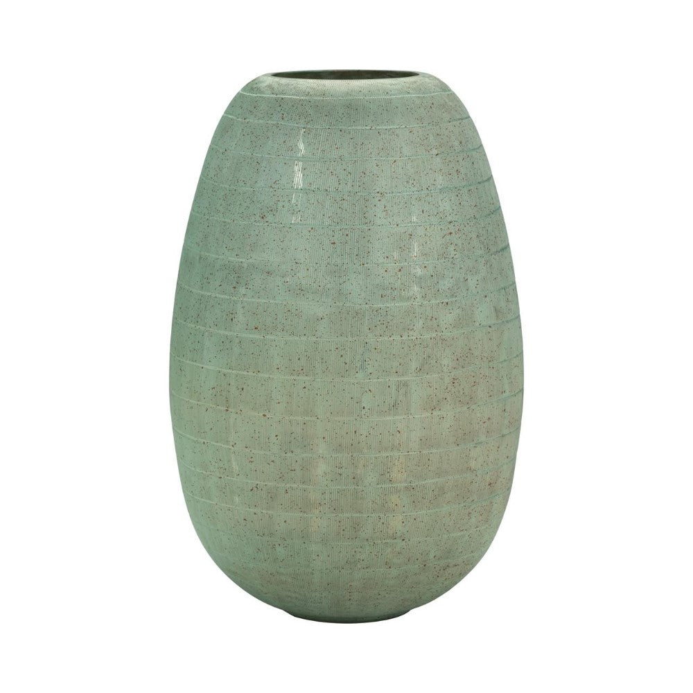 Green textured vase with a smooth oval shape.