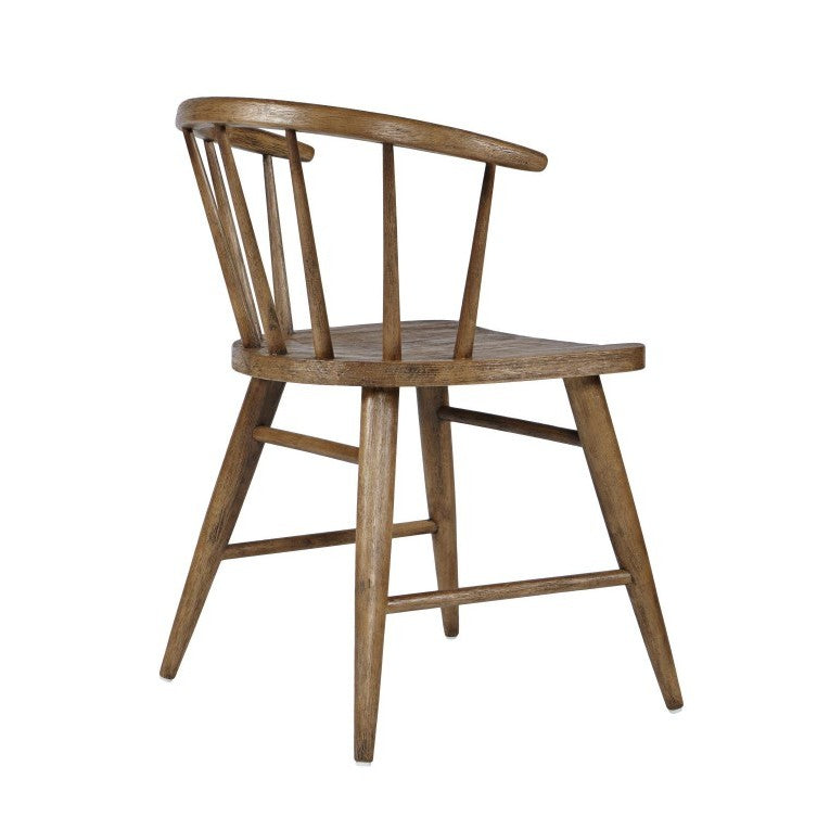 Wooden chair with a curved backrest and spindles.