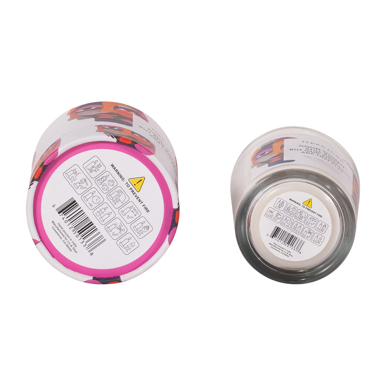 Two jars on their sides, showing bottom labels with safety icons and warnings.