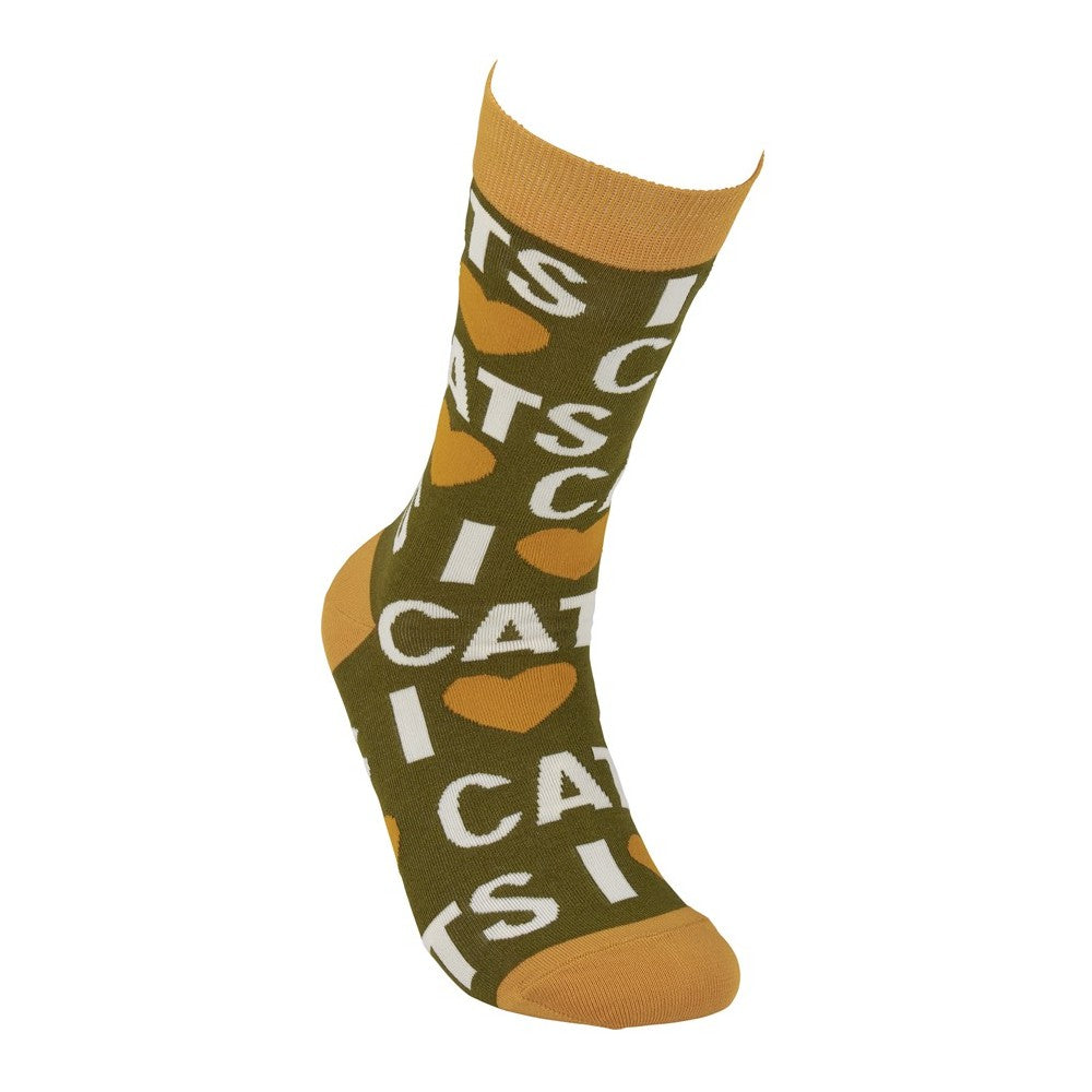 Green sock with "I ? CATS" in white, orange heart accents.