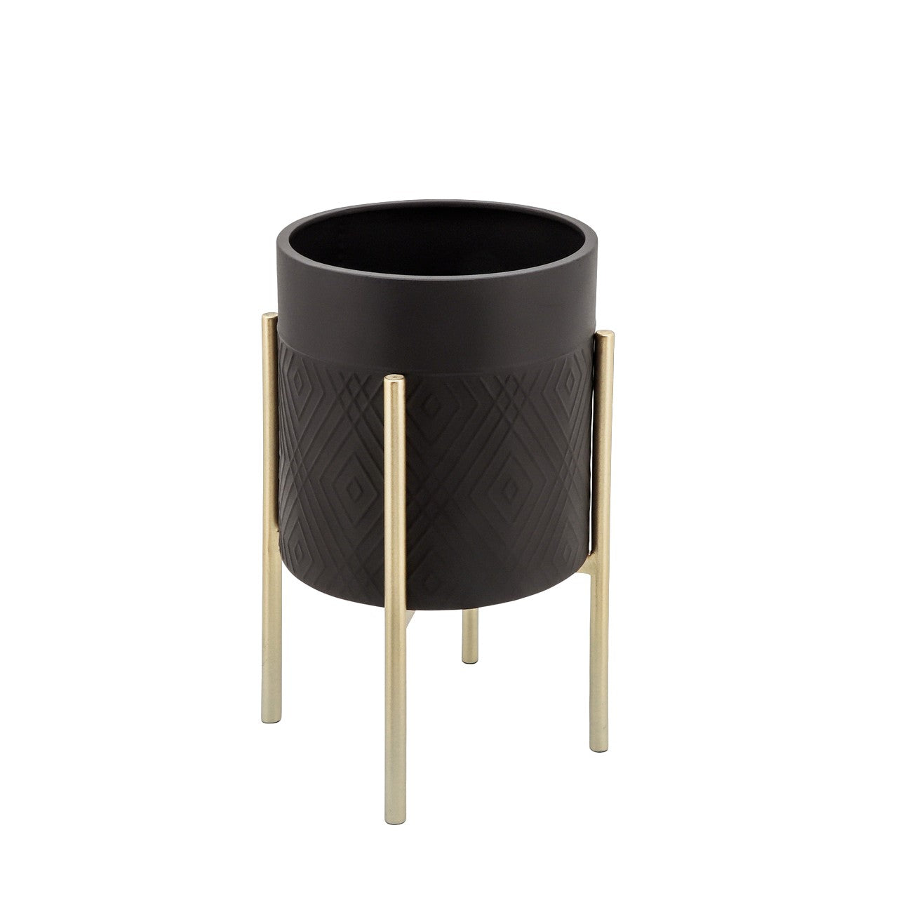 Black planter with embossed design, gold legs.