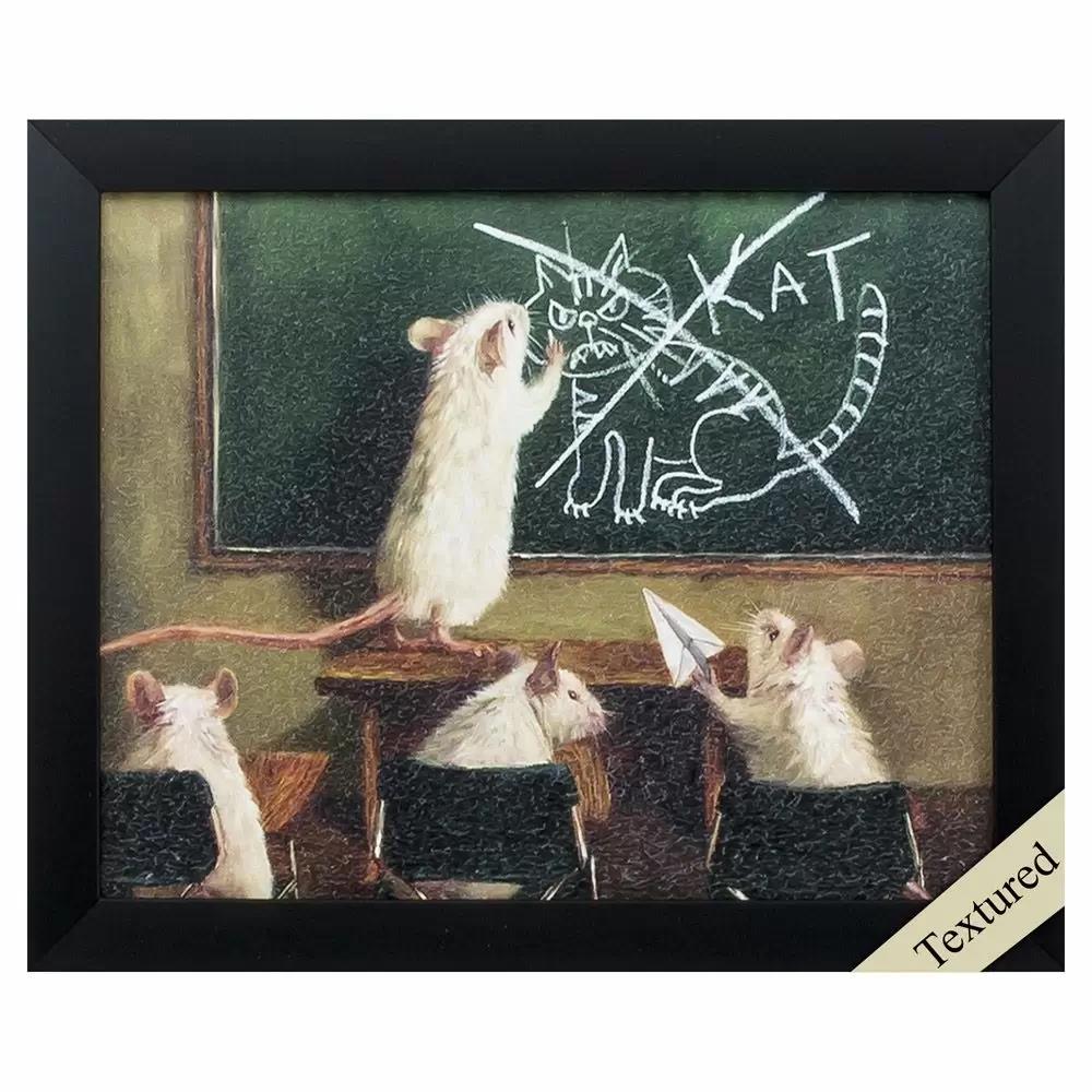 Mice in class, one drawing a cat on a chalkboard while others watch.
