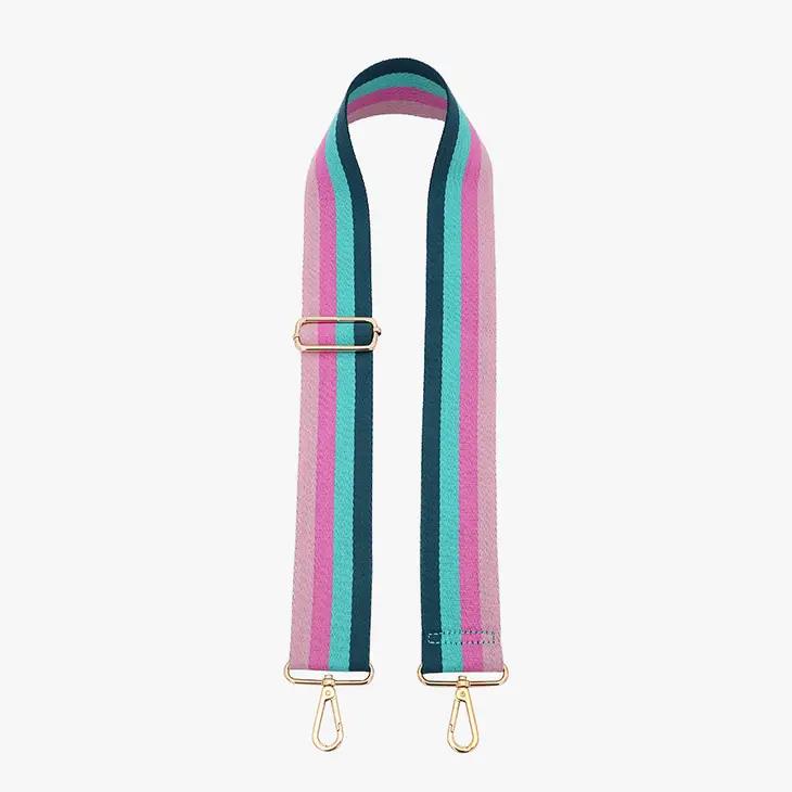 Colorful striped bag strap with gold clasps.
