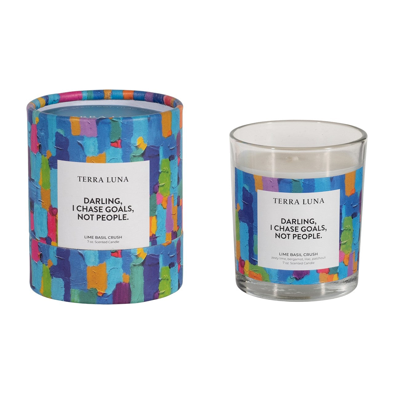 Colorful candle with motivational quote: "Darling, I chase goals, not people."
