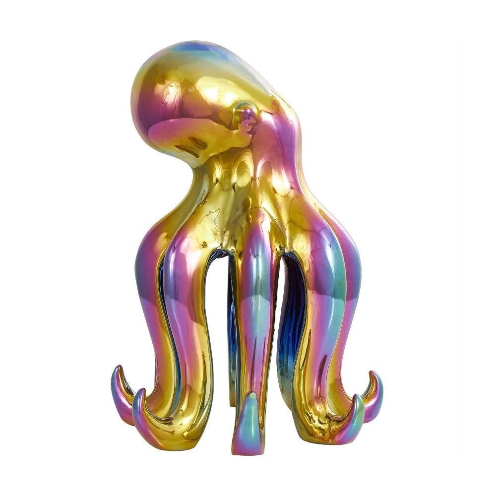 Colorful metallic octopus sculpture with iridescent hues.