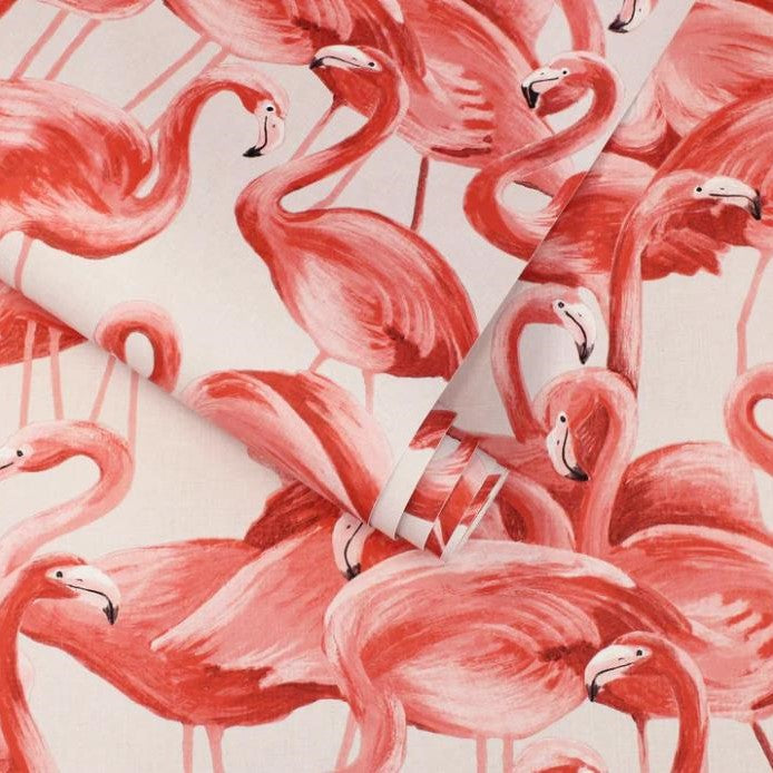 Patterned fabric with pink flamingos.