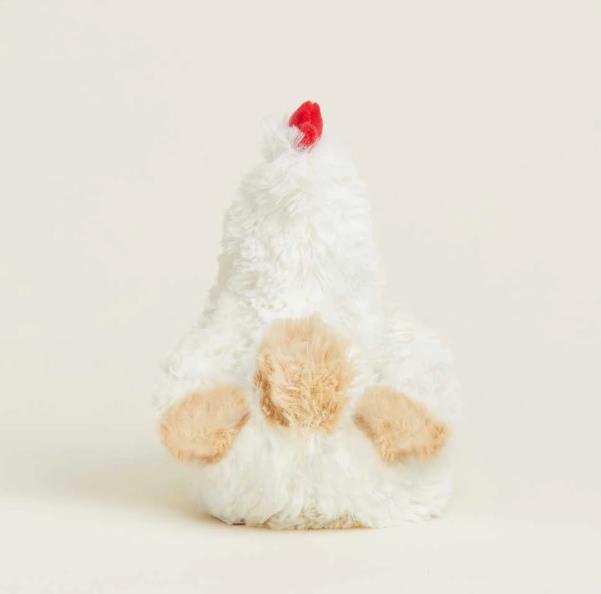 Fluffy white stuffed chicken toy with tan accents and a red comb.