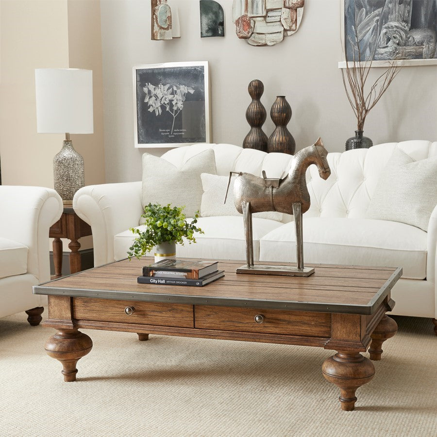 Elegant living room with a wooden coffee table and stylish decor.