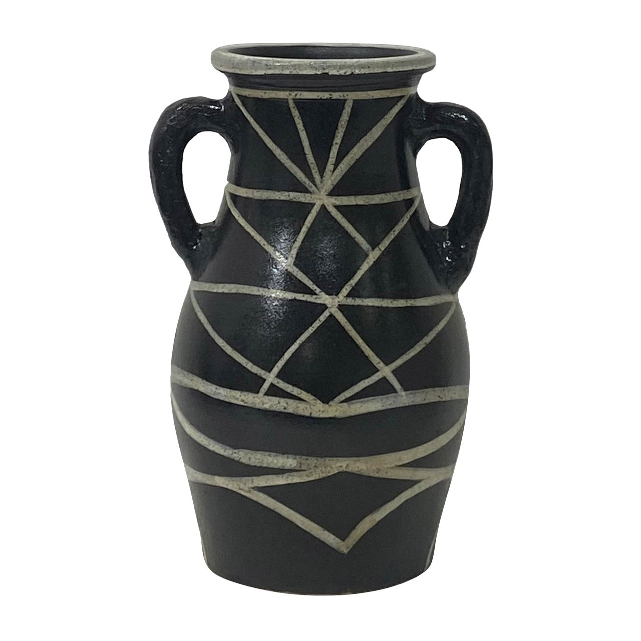 Black ceramic vase with white geometric lines and two side handles.