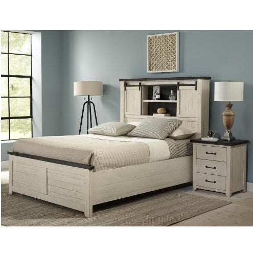 Modern bedroom with wooden bed, elegant lamps, and a sleek nightstand.