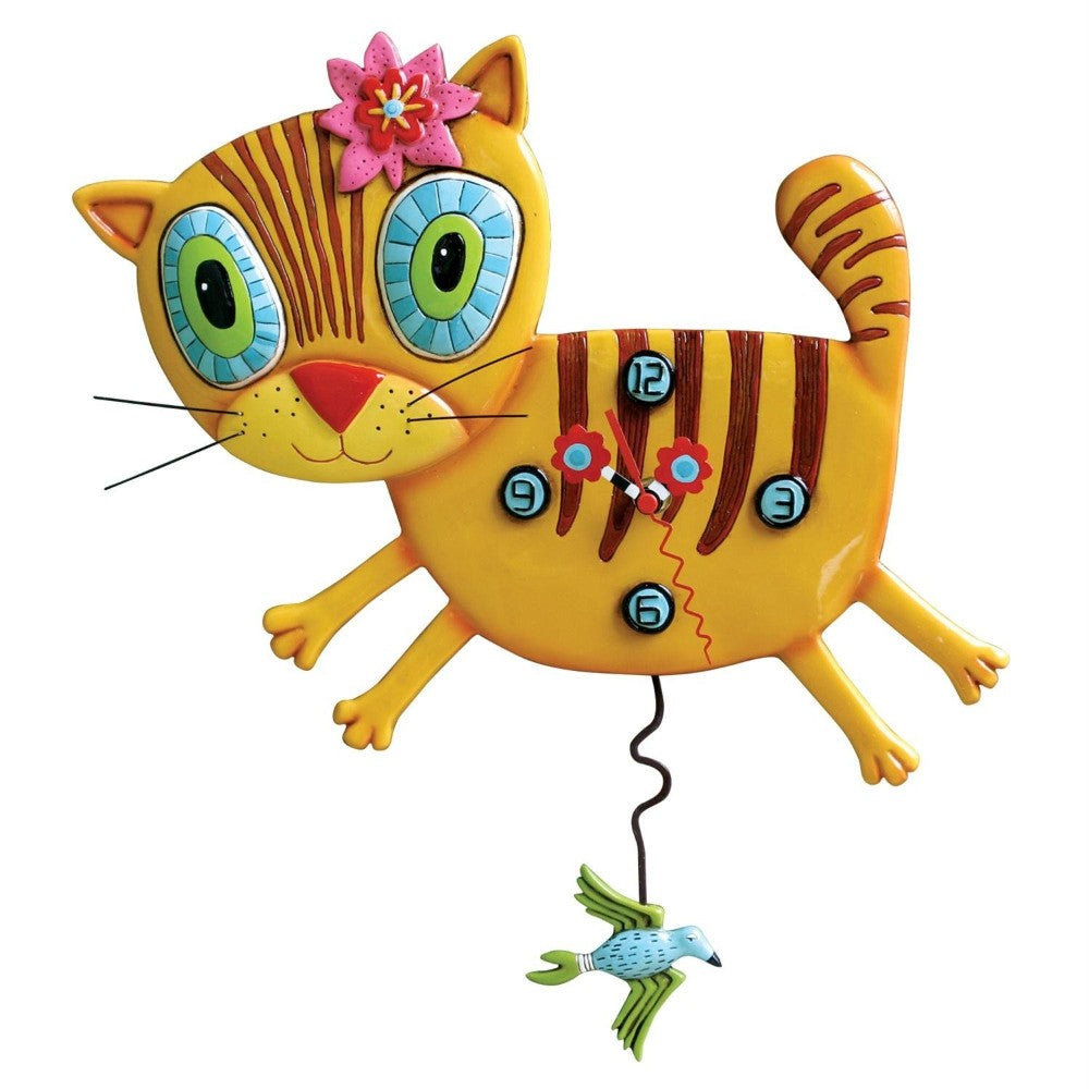 Whimsical cat clock with colorful design and a dangling bird pendulum.