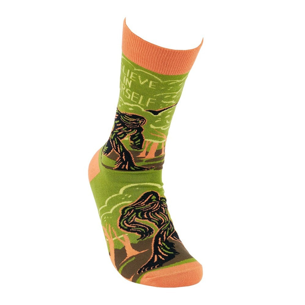 Colorful sock with "BELIEVE IN YOURSELF" text and scenic pattern.