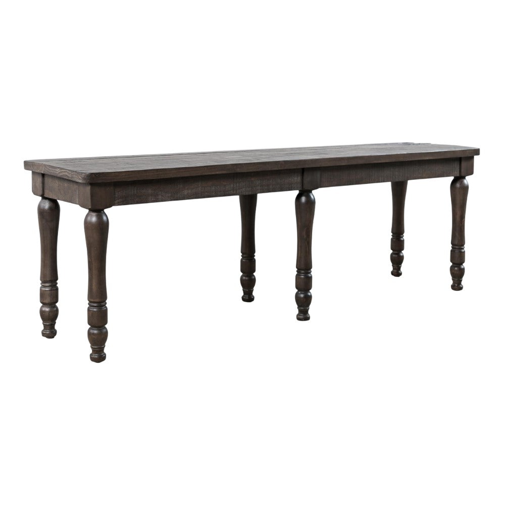 Dark wooden bench with four turned legs.