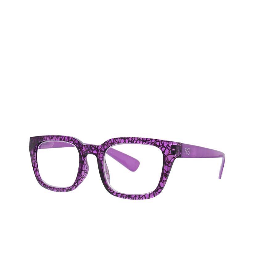 Purple square glasses with a crackled pattern frame.