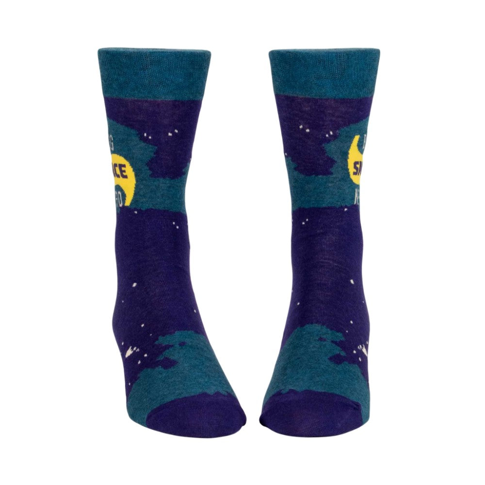 Colorful space-themed socks with planets and stars design.