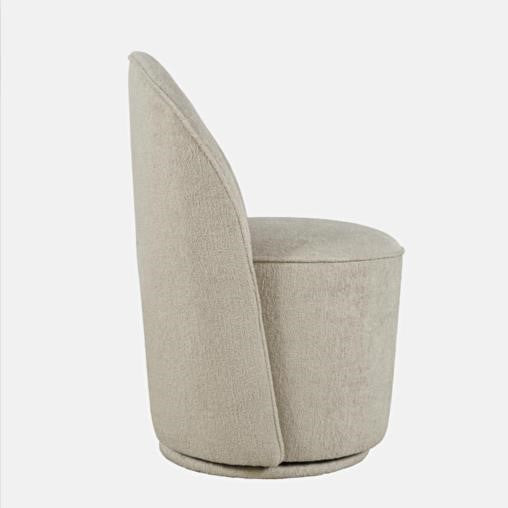 Beige, fabric swivel chair with a high backrest on a plain background.