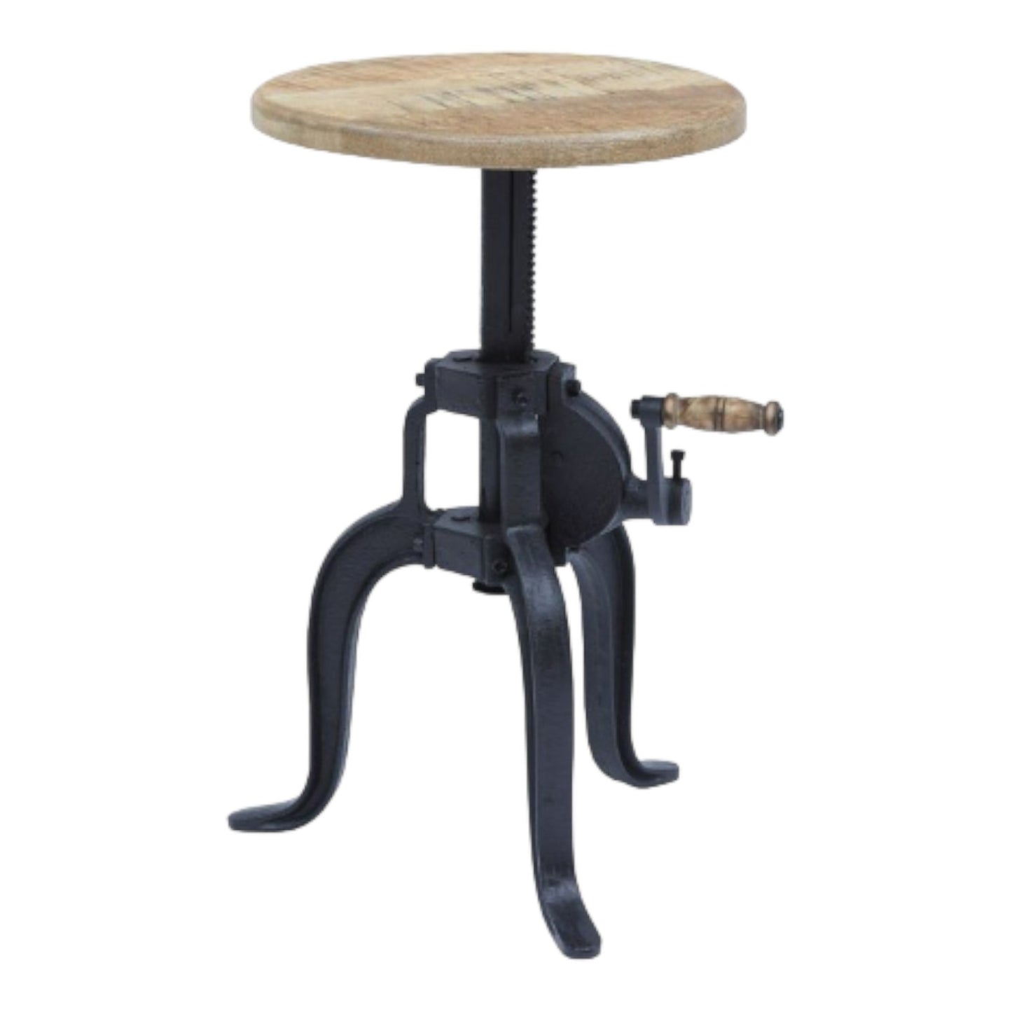 Industrial-style stool with adjustable wooden seat and metal base.