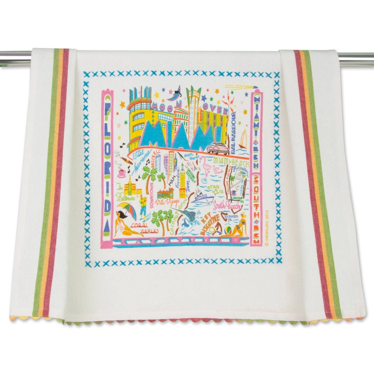 Colorful Miami-themed towel with map design and stripes.