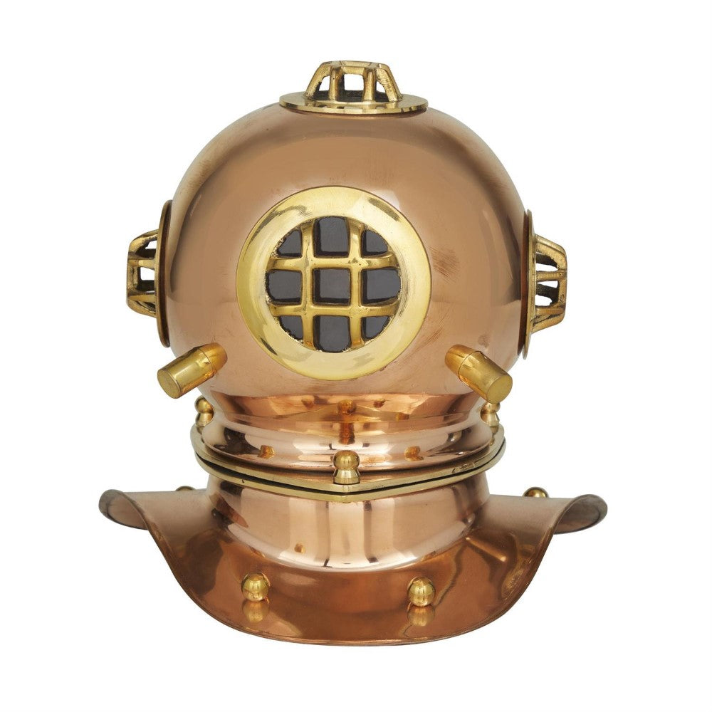 Vintage copper divers helmet with brass details.