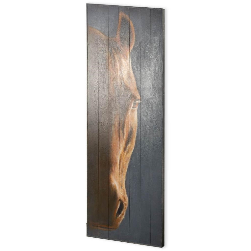 Horse portrait on wooden panel, side view.