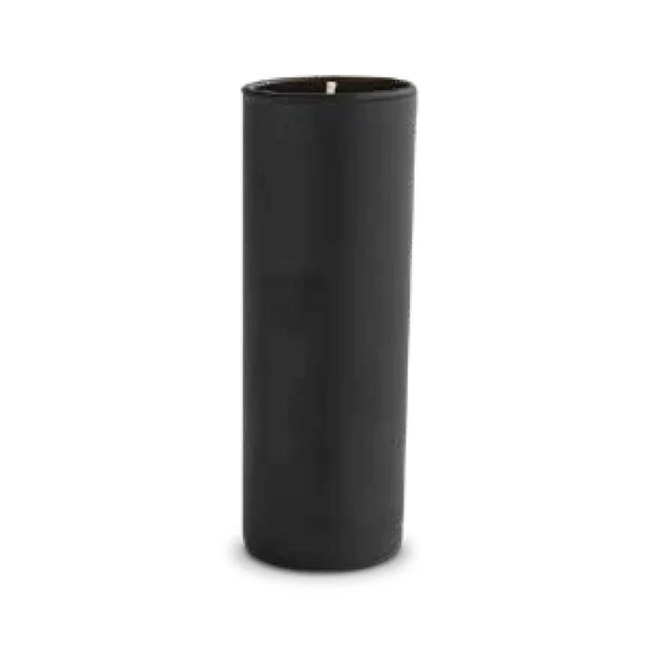 Tall black cylindrical candle with a white wick.