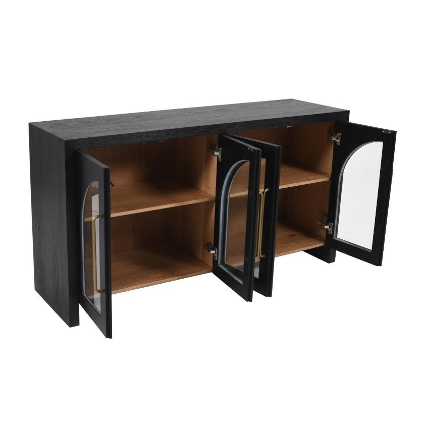 Black cabinet with mirrored doors open, revealing wooden shelves inside.
