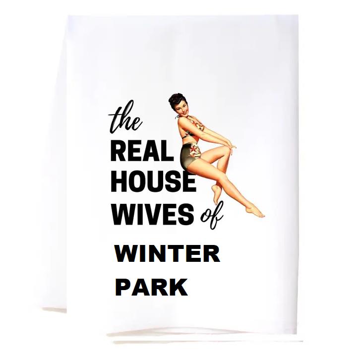 Pin-up with "The Real Housewives of Winter Park" text on a towel.
