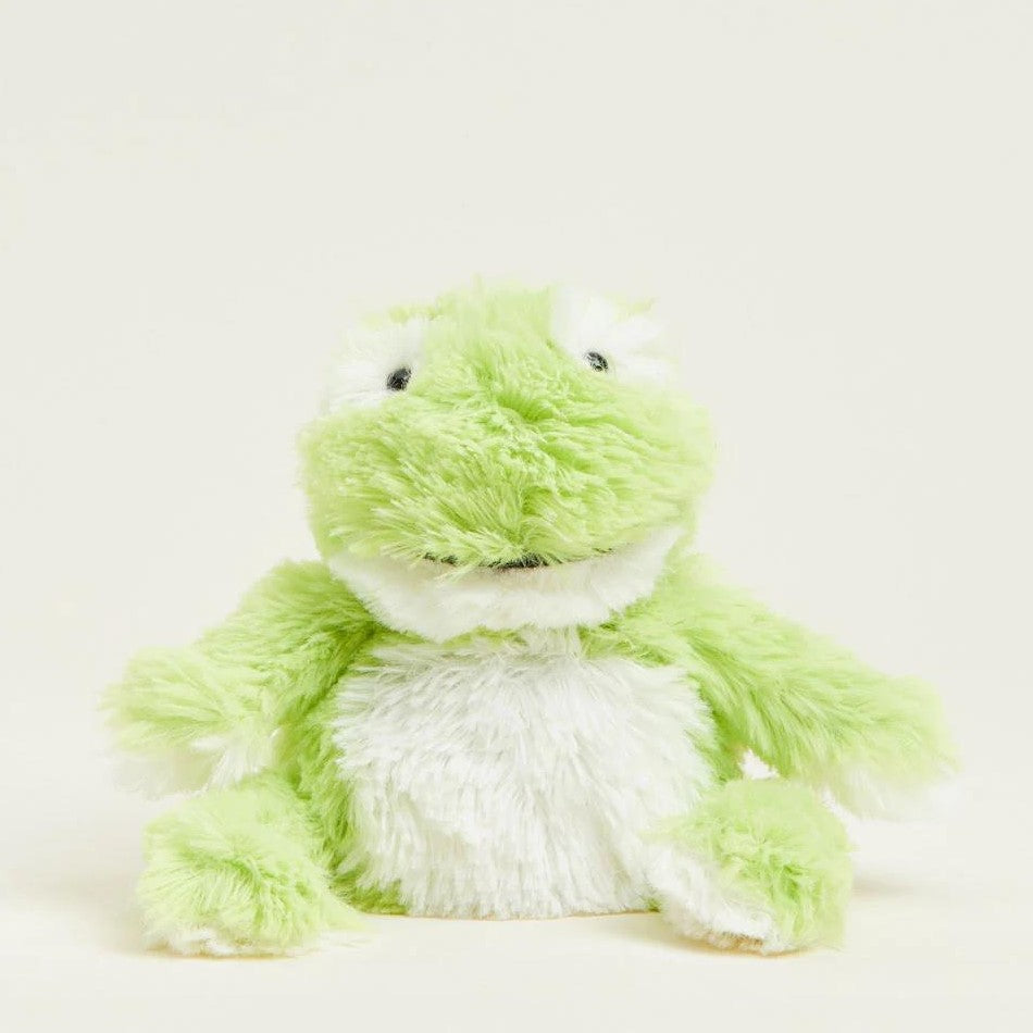 Fluffy green frog plush with a white belly and wide smile.
