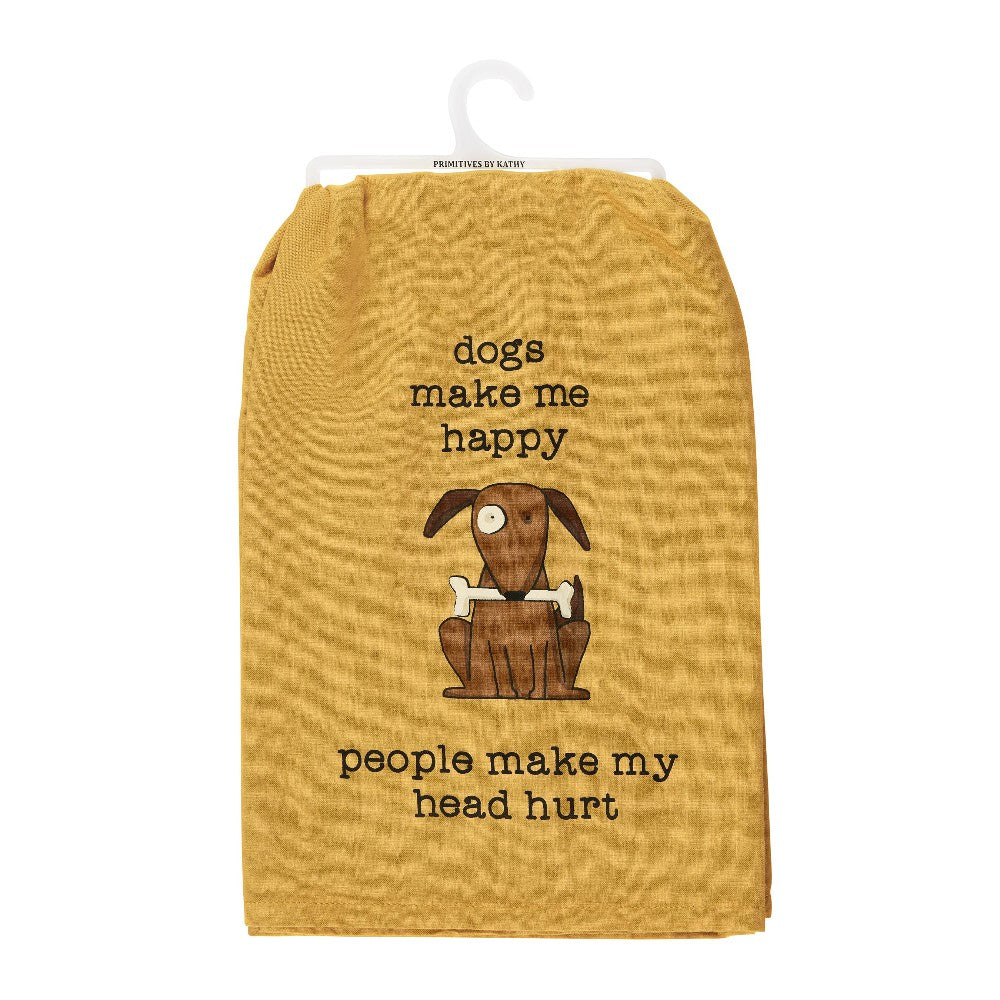 Yellow towel with a dog illustration and humorous text about dogs and people.