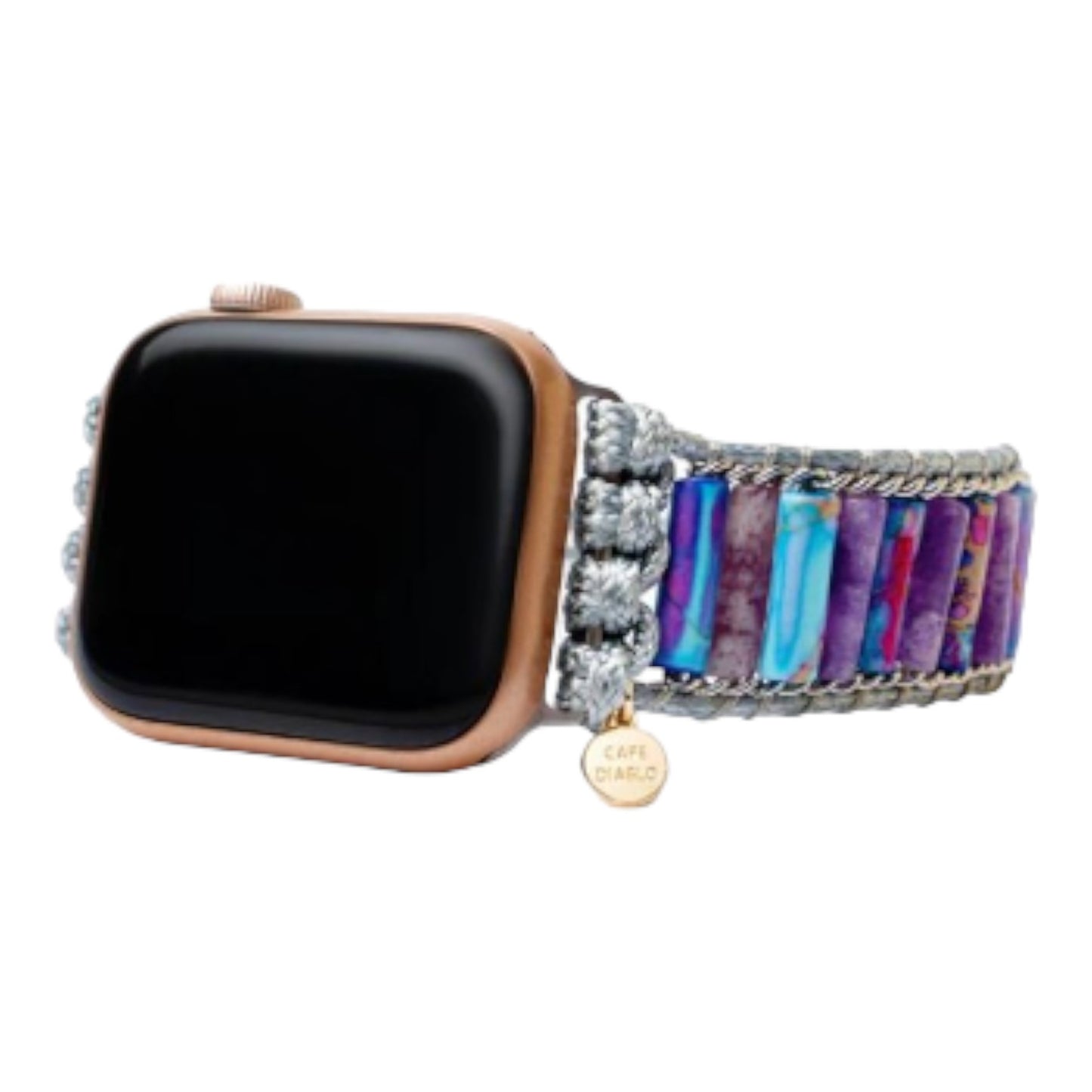 Smartwatch with a colorful stone and braided strap.