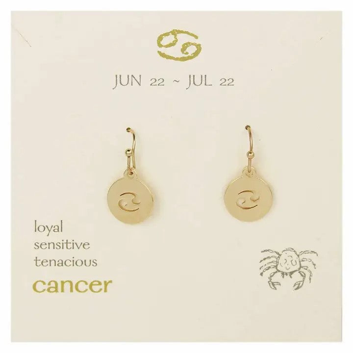 Gold Cancer earrings with zodiac symbols and traits.