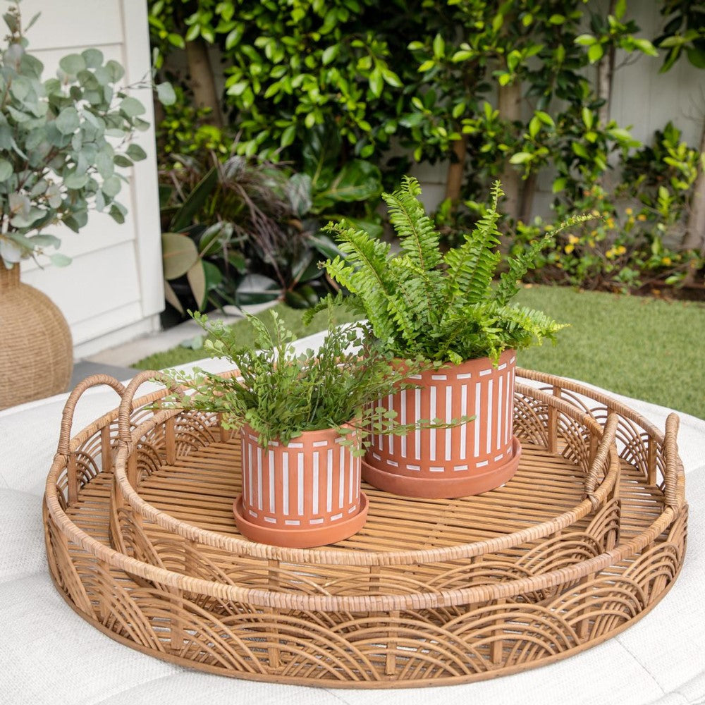 Wicker trays with potted plants in a lush garden setting.