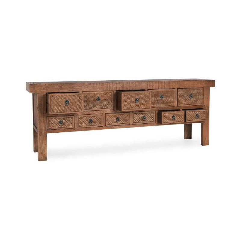 Side view of a wooden table with a rustic finish.