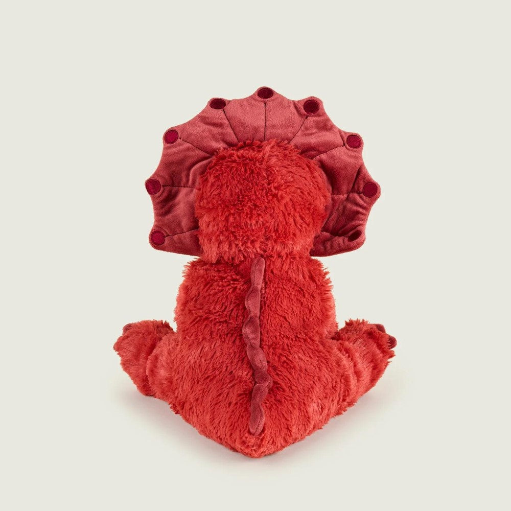 Red plush dinosaur with frilled head sitting on a plain background.