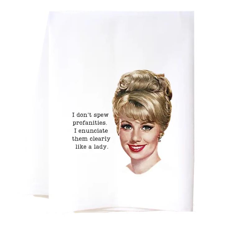 Vintage-style card with a witty profanity quote and a smiling woman.