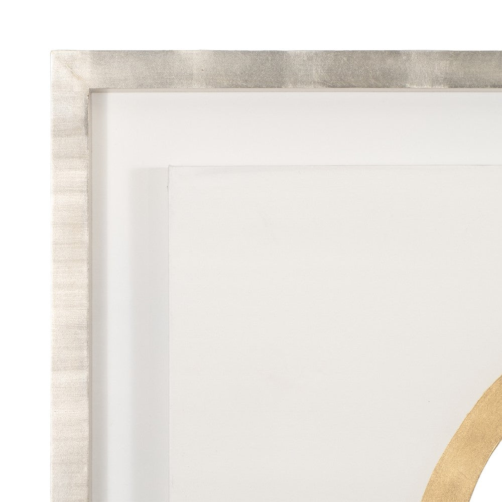 Minimalist artwork with metallic border and geometric shapes.