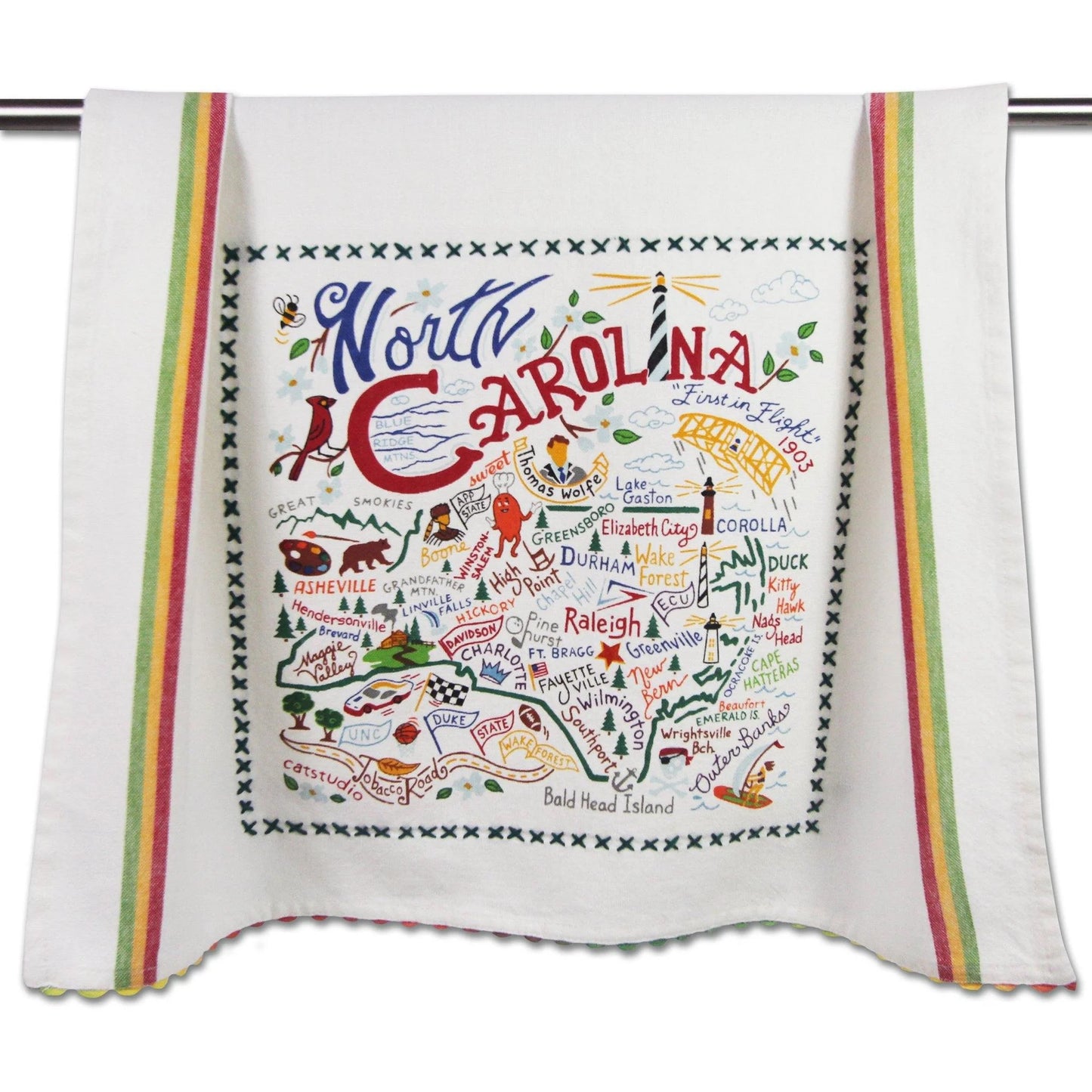 Colorful North Carolina-themed towel with map and landmarks.