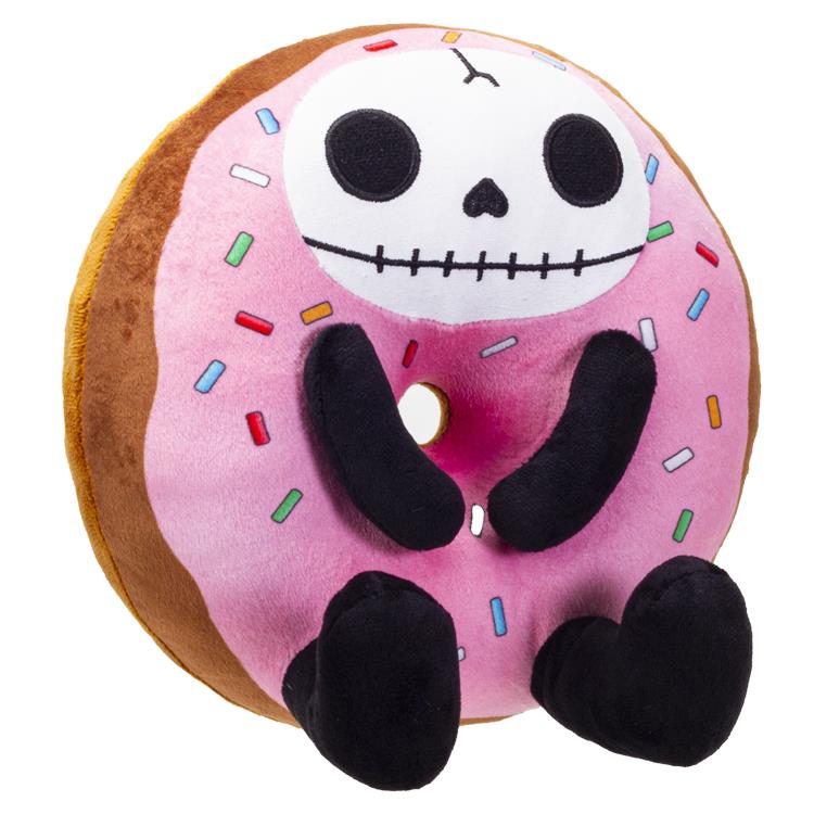 Plush donut with skeleton face and pink icing sprinkles.