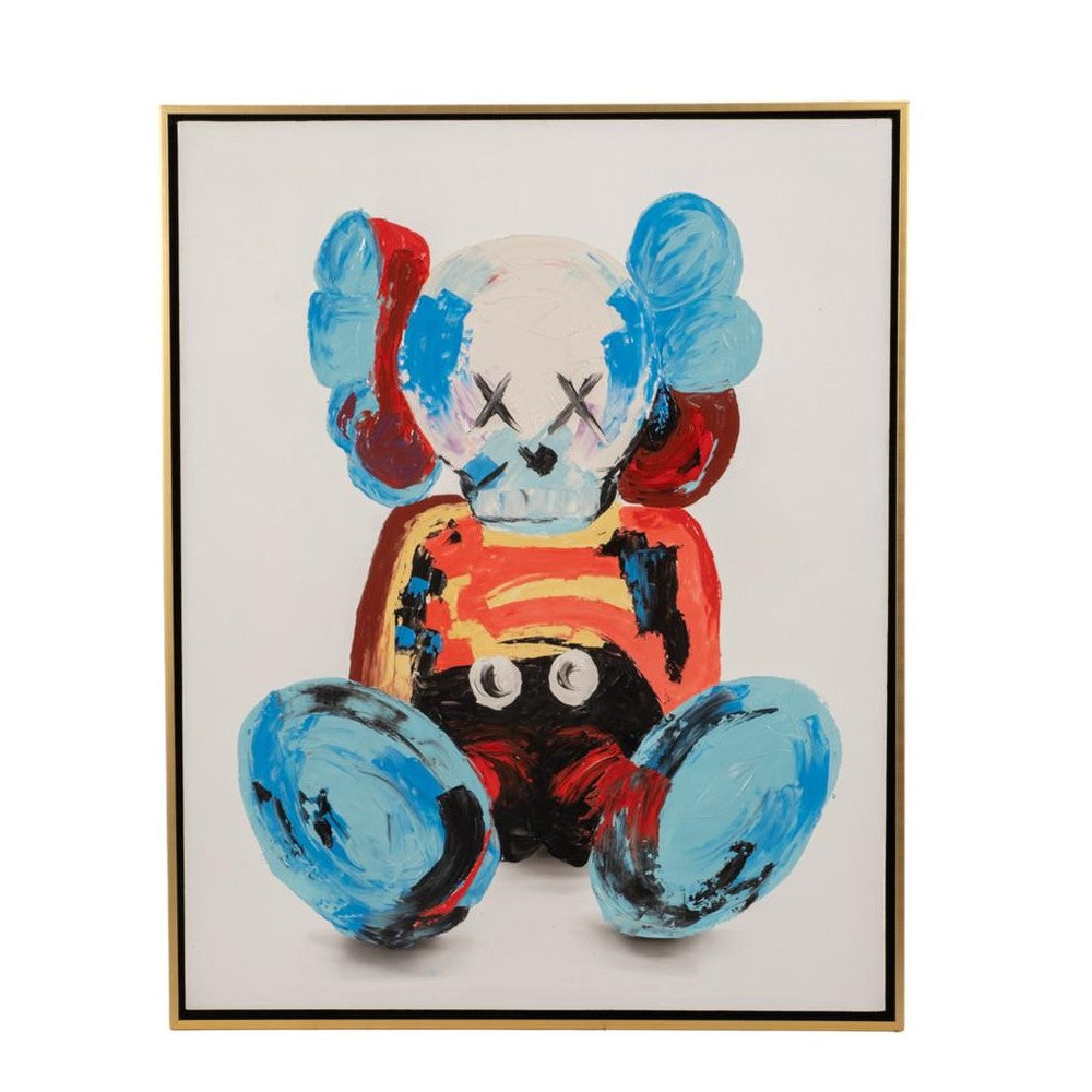 Colorful abstract figure with X eyes and rounded ears on a white background.