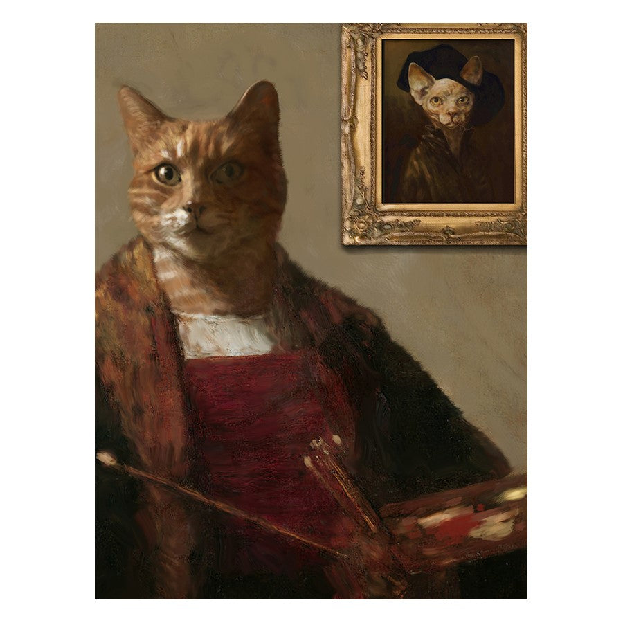 Cat in painting attire with another cat portrait on the wall.