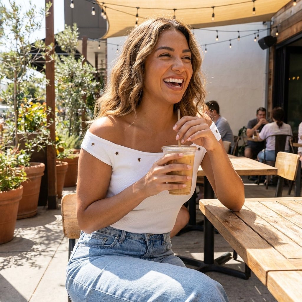 Smiling woman enjoying iced coffee at an outdoor cafe.