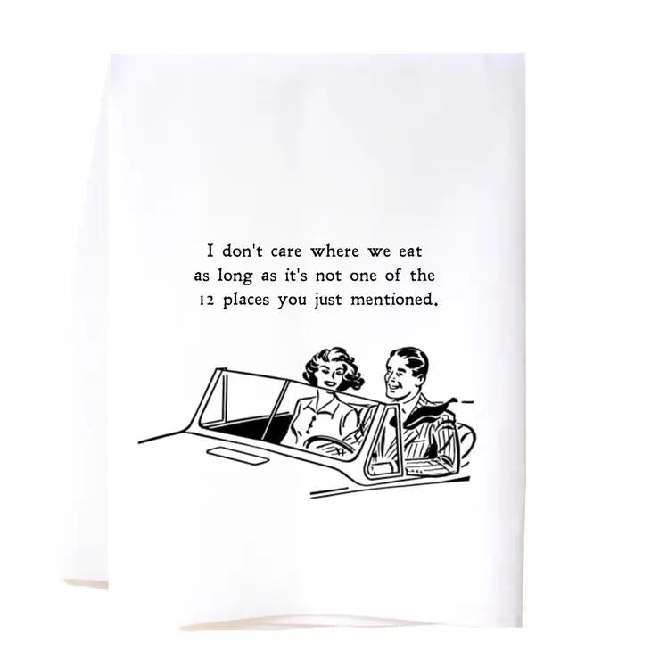 Retro car scene with humorous quote about dining choices.