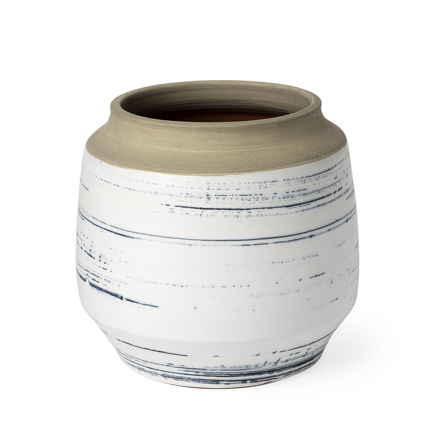 White and beige ceramic pot with blue horizontal lines.