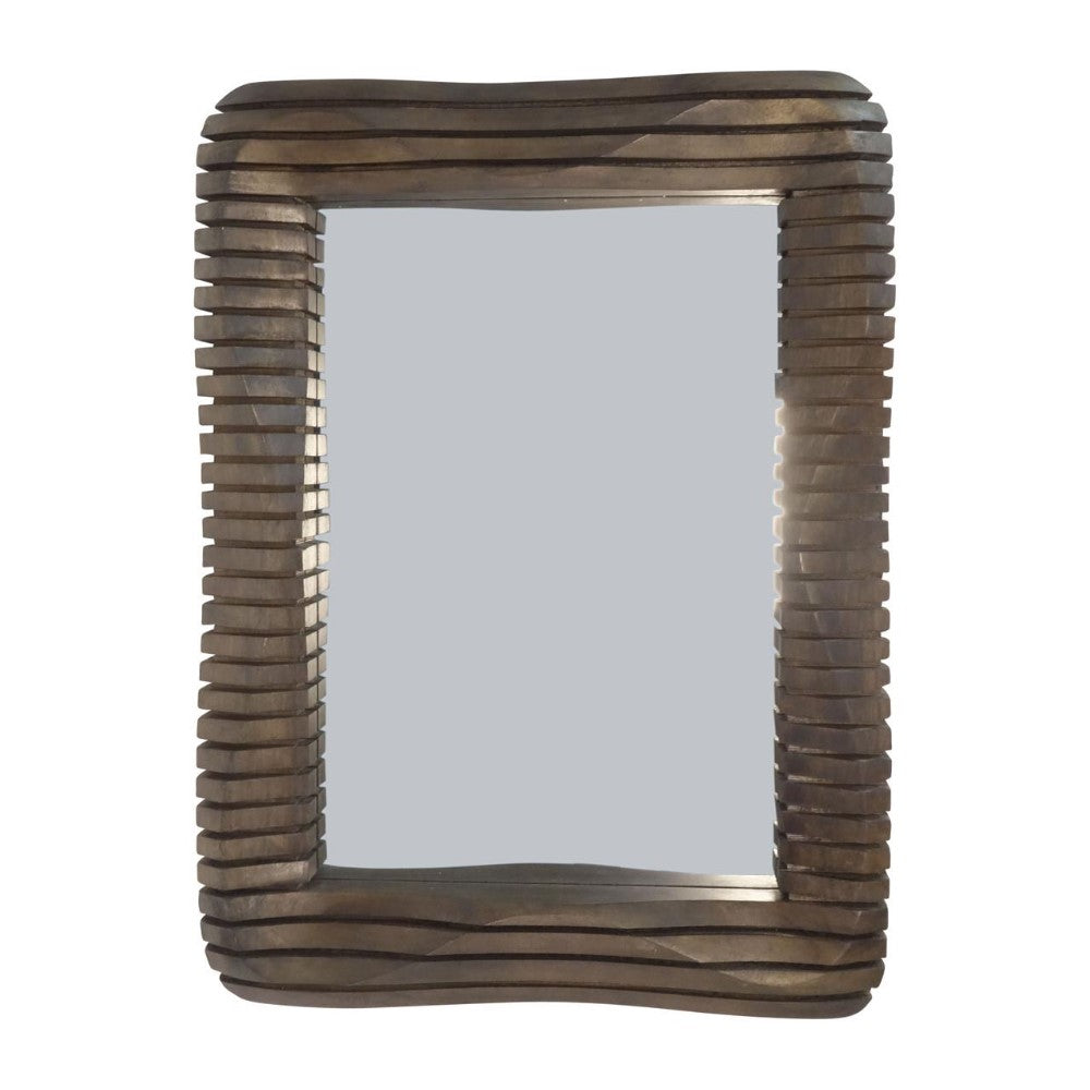Rectangular mirror with a wavy, layered wooden frame.