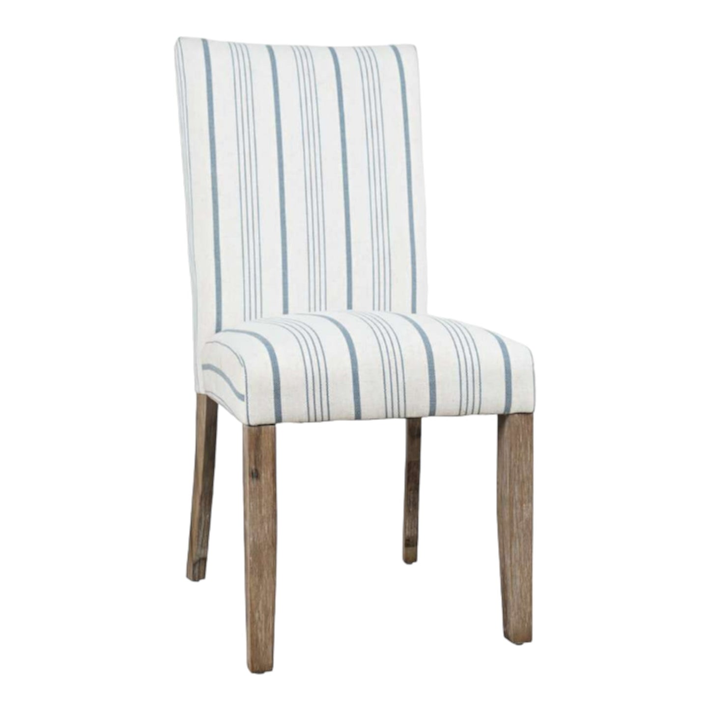 Striped chair with wooden legs, white and blue fabric.