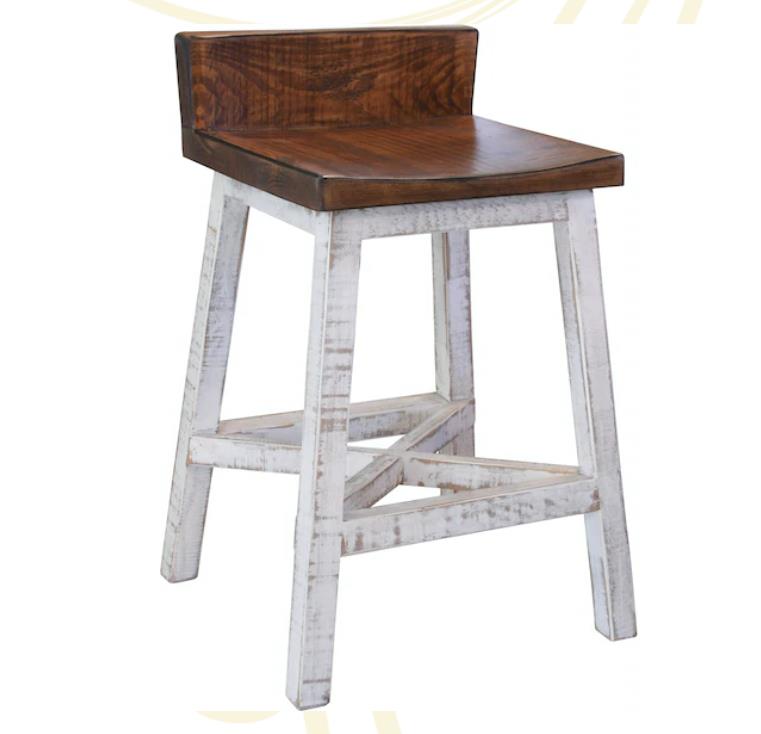 Rustic wooden bar stool with a whitewashed frame and dark brown seat.