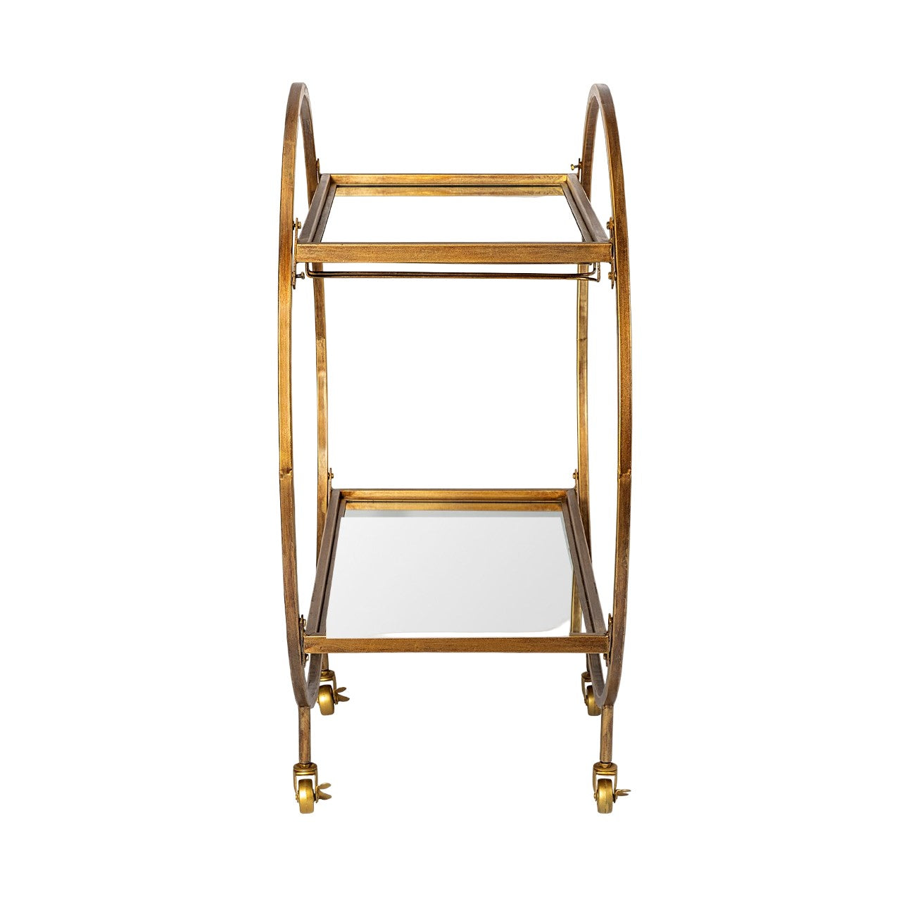 Gold bar cart with wheels and two mirrored shelves.