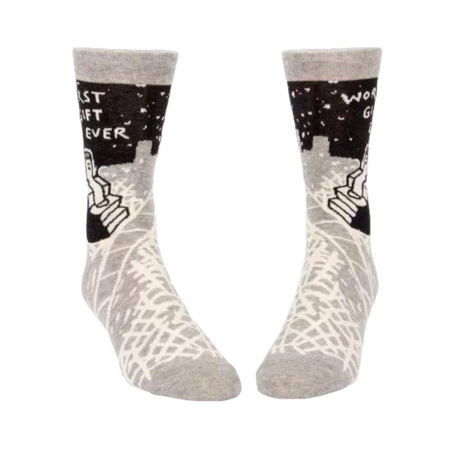 Gray socks with funny "worst gift ever" text and design.