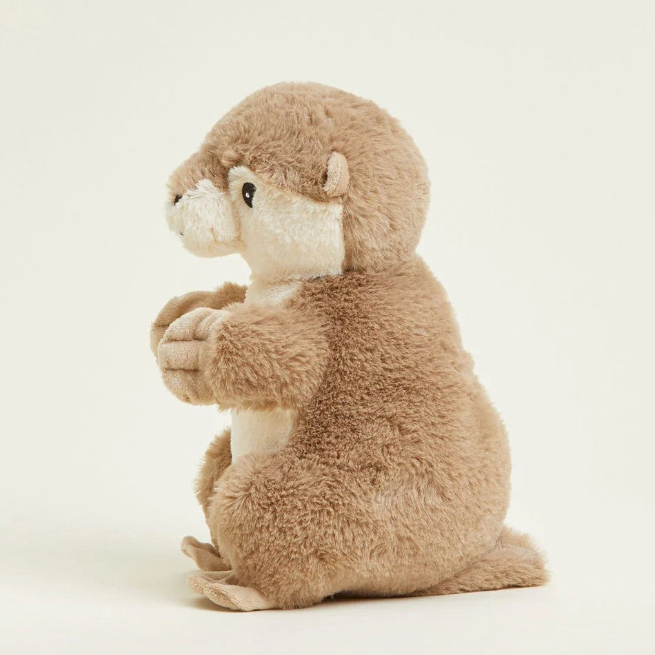 Fluffy otter plush sitting on a light background.